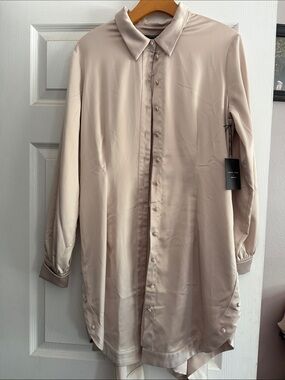 Long Satin Button-Down Dress Shirt in Light Beige
